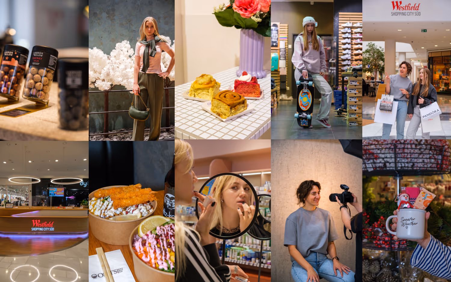 Collage aus Bildern mit Einkauf, Mode, Essen, Skateboarding, Shopping-Center, und Porträts von Menschen beim Fotografieren und Einkaufen.