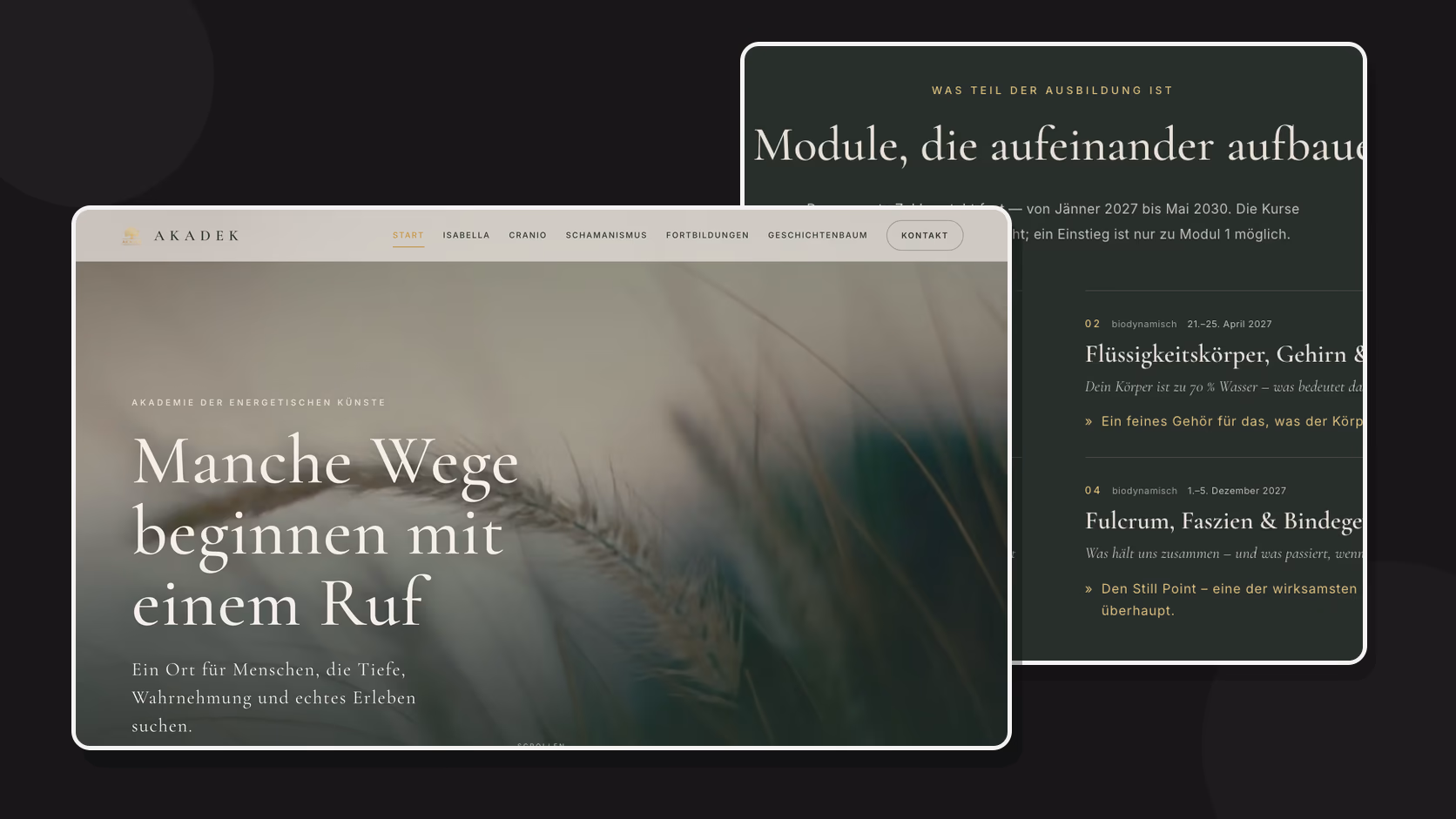 Website-Mockup der AKADEK mit Startseite und Ausbildungsmodulen
