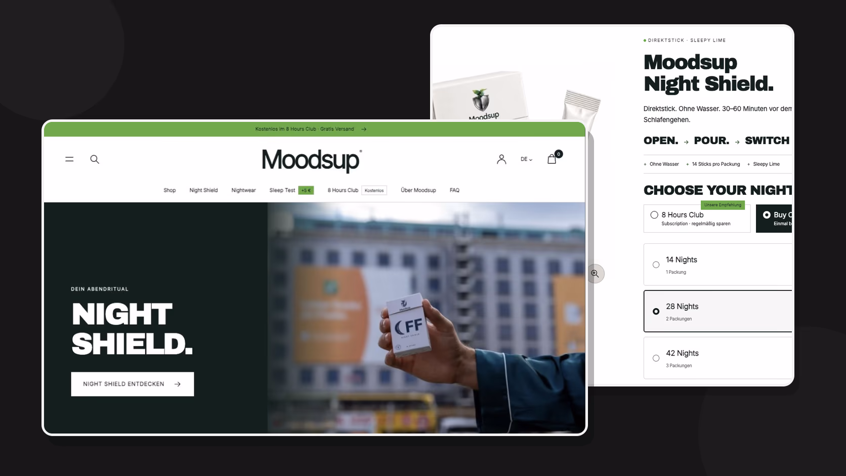 Website-Mockup des Moodsup Online-Shops mit Start- und Produktseite