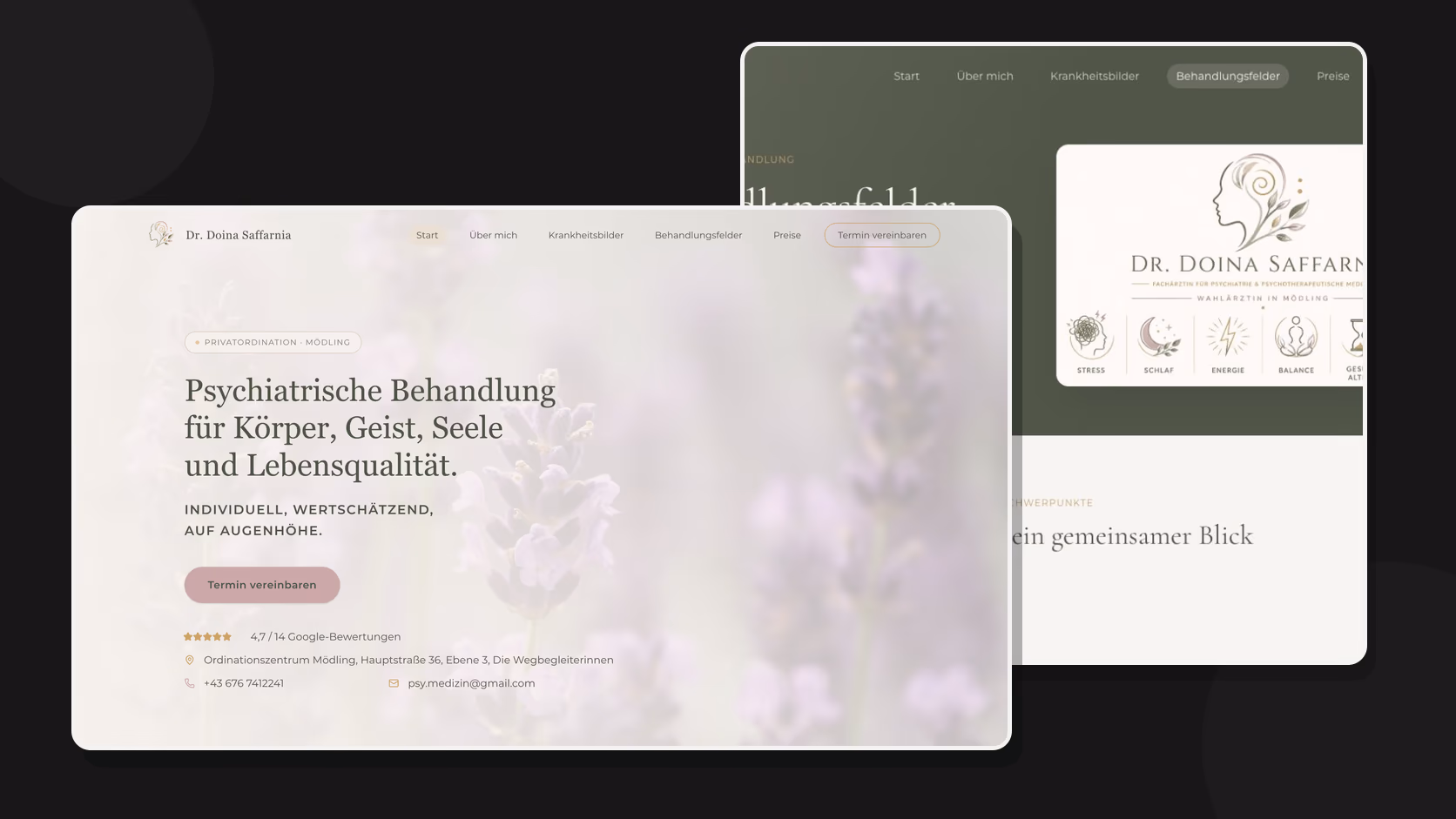 Website-Mockup der Privatordination Mödling mit Start- und Behandlungsseite